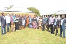 state minister for education Rosemary Ssenindde poses for a group photo during the launch of digital learning in Isenda primary school -Kigandalo sub county.